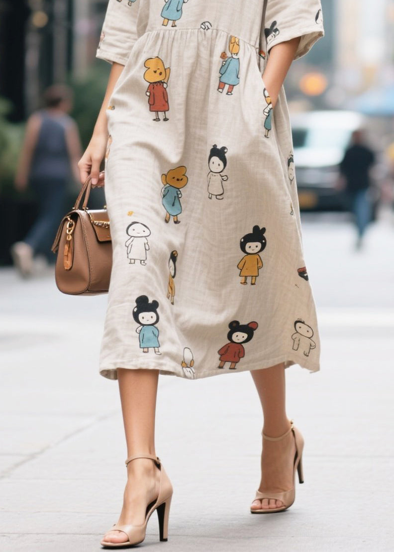 Beige Character Print Cotton Long Dress Half Sleeve
