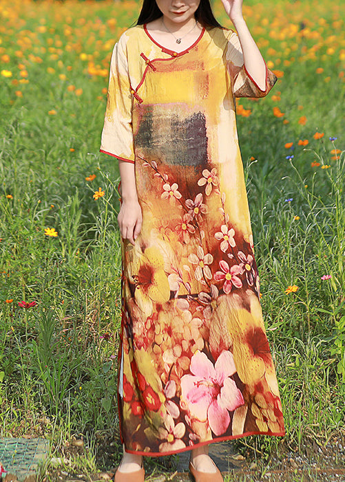Light Yellow O-neck Side Open Print Long Dress Half Sleeve