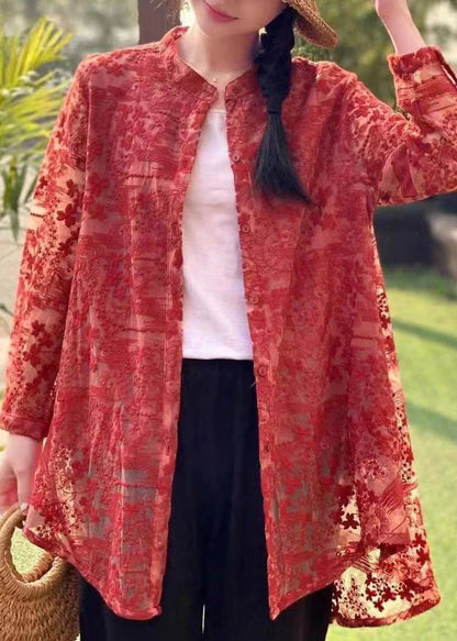 Red Embroideried Button Patchwork Lace Shirt Fall