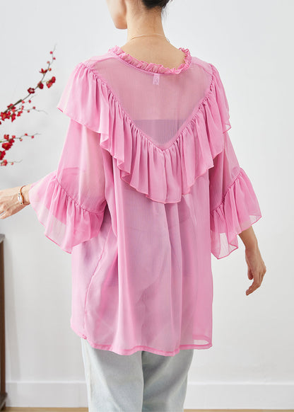 Pink Oversized Patchwork Ruffles Chiffon Top Fall