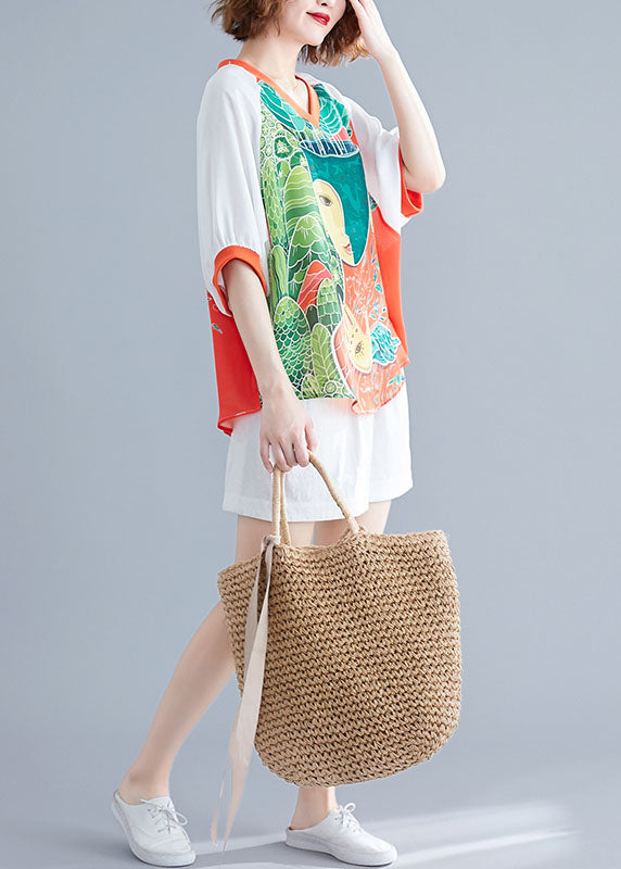 White V Neck Patchwork Character Print Two Piece Suit Set Summer