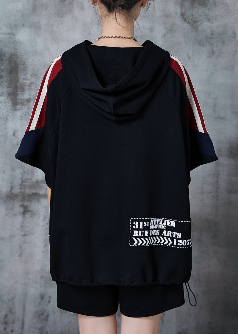 Black Oversized Print Cotton Sweatshirt Two Pieces Set Summer