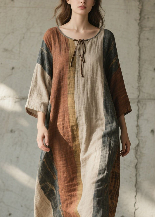 Colorblock O Neck Cotton Long Dress Summer