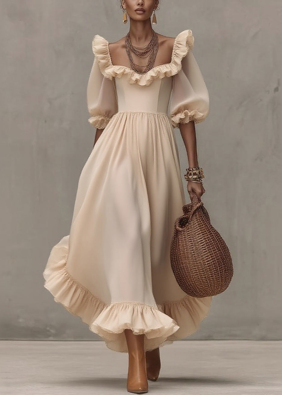 Apricot Square Collar Wrinkled Long Dress Half Sleeve