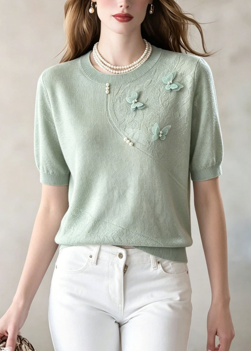 Green Jacquard Butterfly Nail Bead Thin Knit Tops Summer