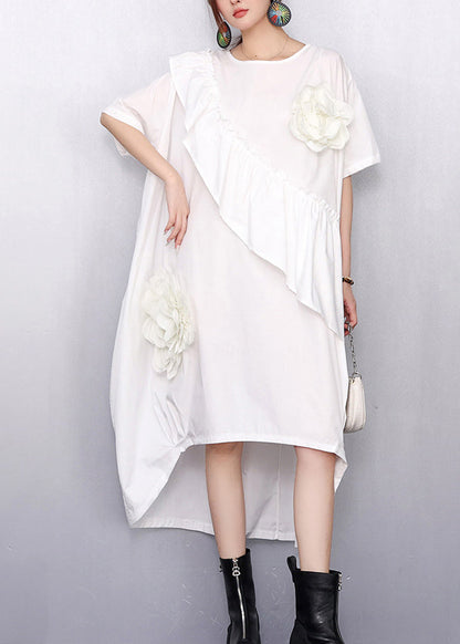 Summer White Asymmetrical Ruffle Dress 3d Accents
