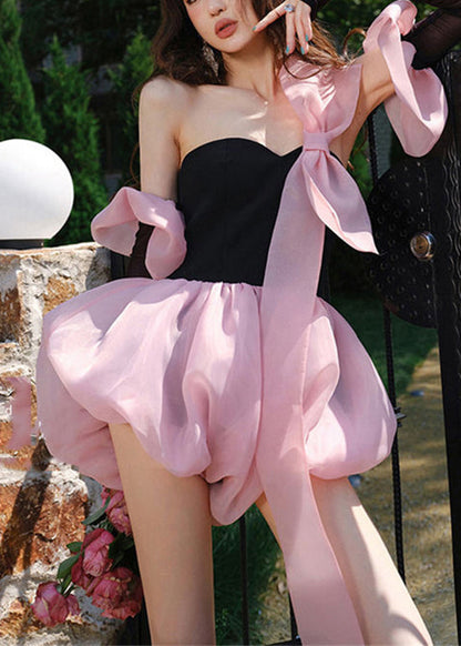 Pink Bow Patchwork Lace Up Strapless Jumpsuit Summer
