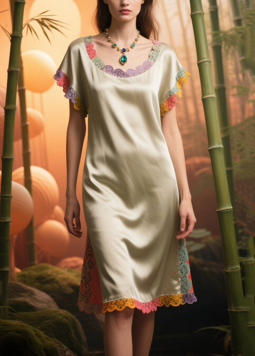 Apricot Oversized Patchwork Lace Silk Tea Dress Summer