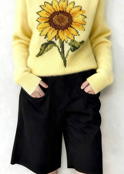 Yellow Oversized Sunflower Jacquard Knitted Tops Winter