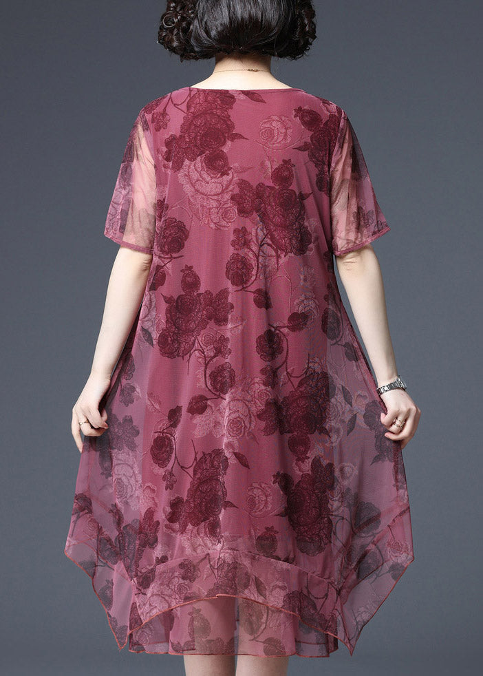Red O-neck Print Tulle Vacation Dress Short Sleeve