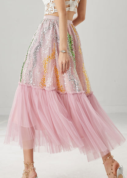 Pink Sequins Patchwork Tulle Skirts Spring