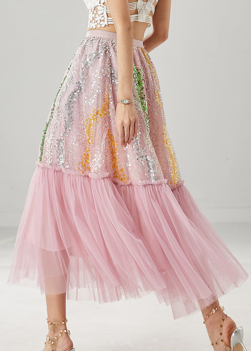 Pink Sequins Patchwork Tulle Skirts Spring