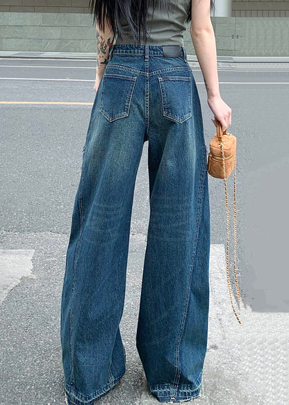 Blue Zip Up Pockets Denim Wide Leg Pants Summer