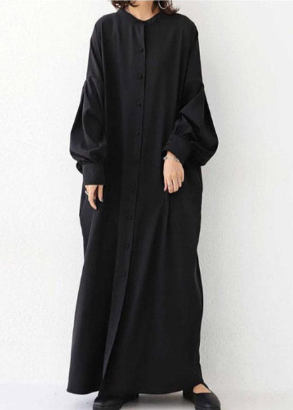 Vogue Black O-neck Button Maxi Dress Long Sleeve