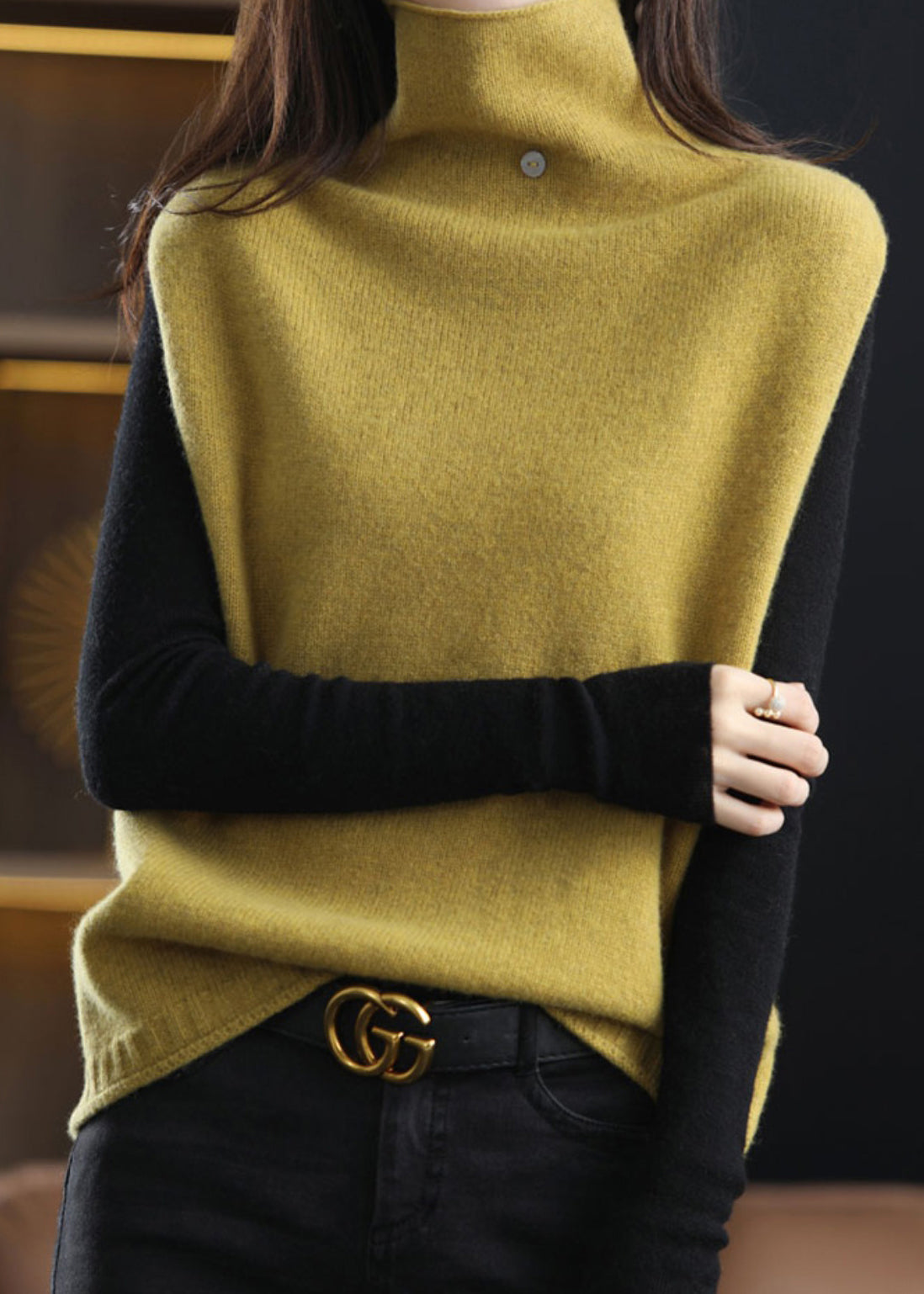 Stylish Blackish Green Turtle Neck Thick Woolen Knit Vest Sleeveless