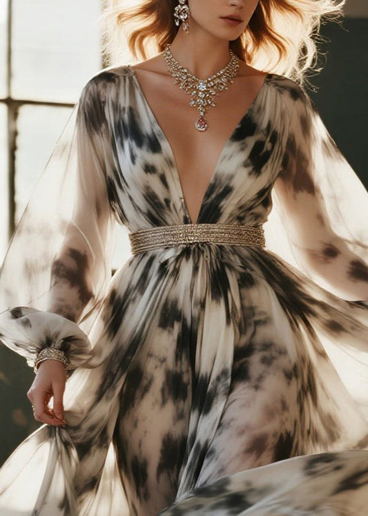 Modern Beige Tie Dye Exra Large Hem Chiffon Party Dress Spring