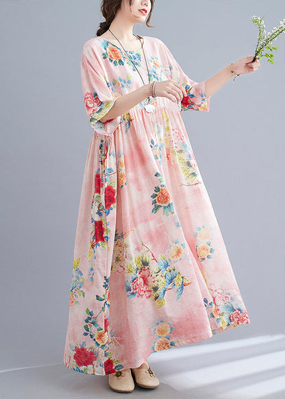 Pink O-neck Cinched Print Beach Dress Short Sleeve