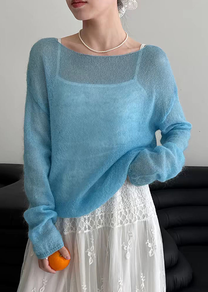 Handmade Blue Cozy Ma Hai Mao Knit Tops Spring