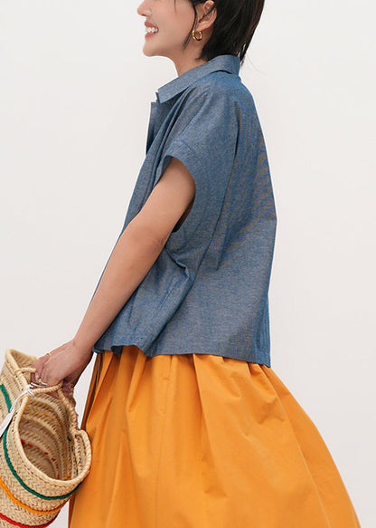 Blue Peter Pan Collar Oversized Cotton Shirts Summer
