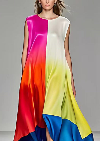 Rose Asymmetrical Pockets Silk Long Dresses Sleeveless