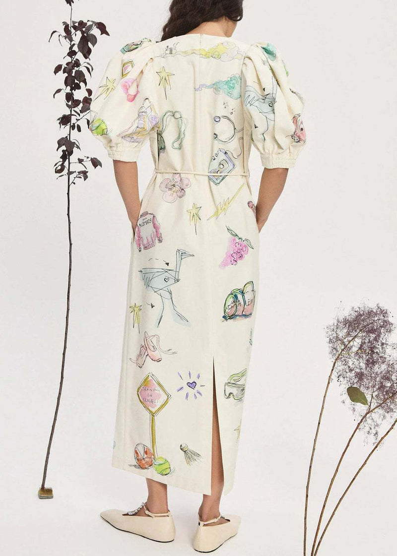Apricot Print Lace Up Pockets Linen Long Dress Lantern Sleeve