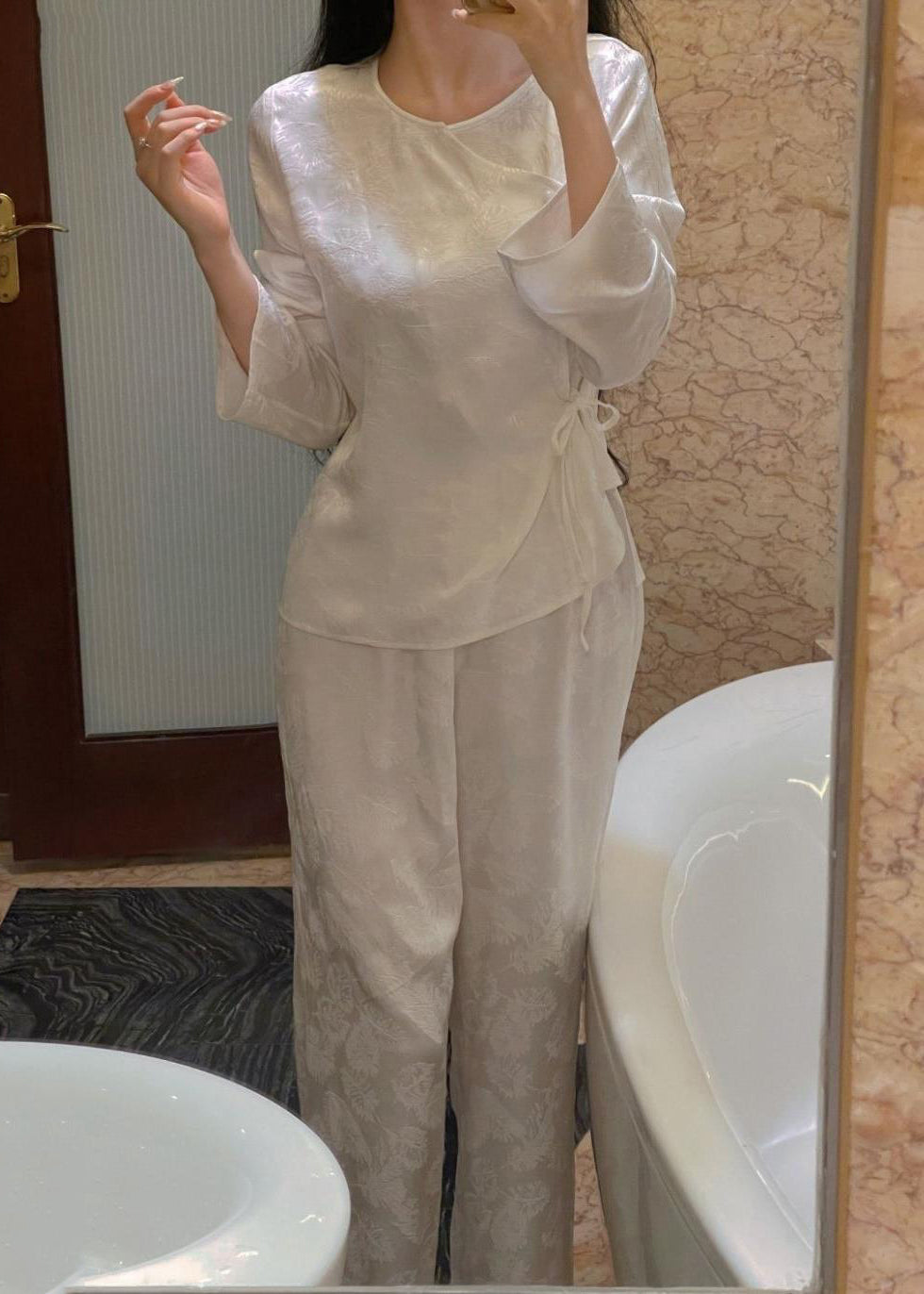 Jacquard Red O-neck Tie Waist Pajamas Two Pieces Set Spring