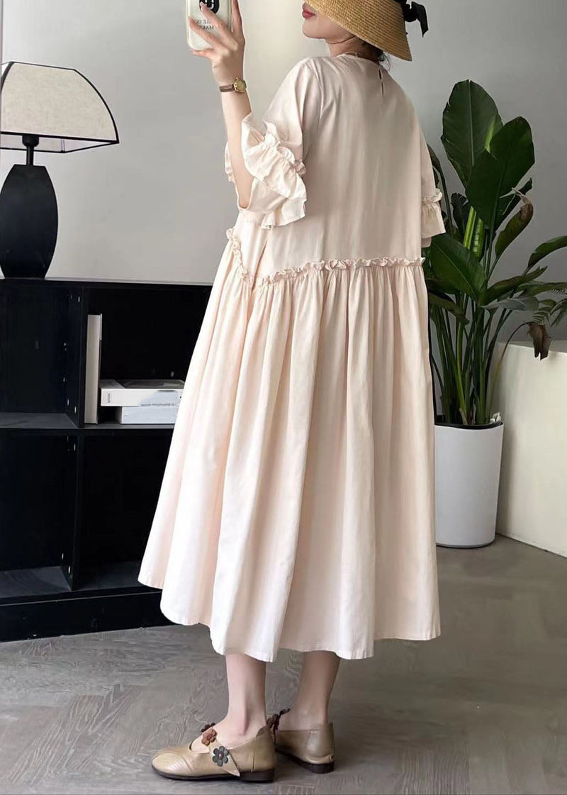 Art Pink O-neck Wrinkled Long Dresses Summer