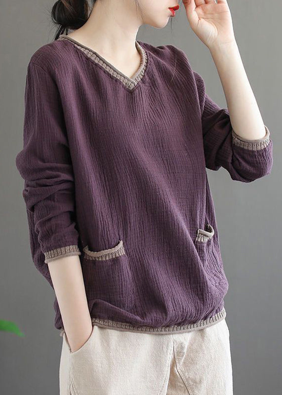 Purple V Neck Pockets Patchwork Cotton Top Fall