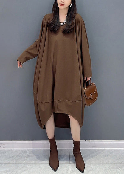 Coffee O Neck Low High Design Patchwork Cotton Dresses Fall