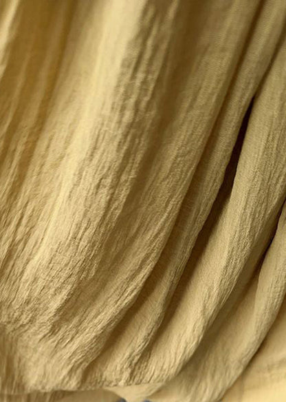French Yellow O-neck Wrinkled Cotton Long Dress Sleeveless