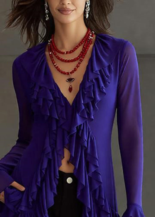 Slim Fit Purple V Neck Ruffled Tulle Top Flare Sleeve