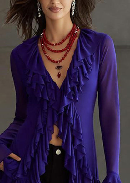Slim Fit Purple V Neck Ruffled Tulle Top Flare Sleeve