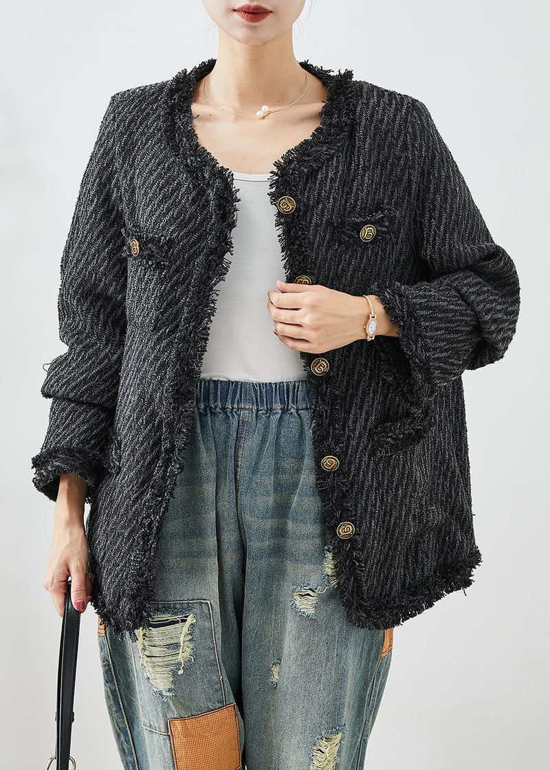 Dark Grey Tasseled Button Down Warm Fine Cotton Filled Jacket Winter
