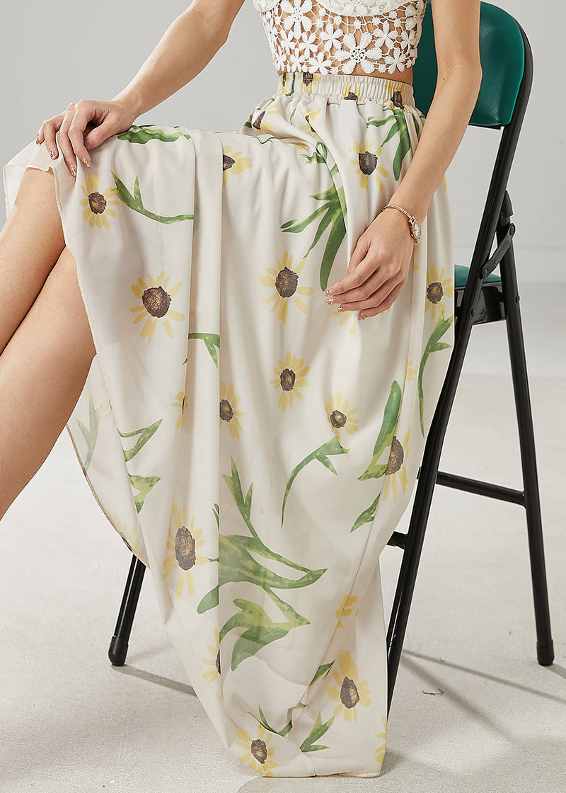 White Bamboo Print Linen Skirts Summer