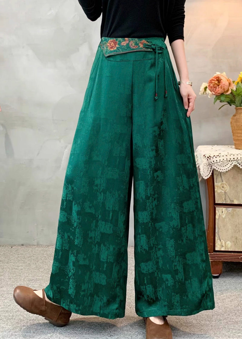 Green Embroidered Silk Wide Leg Pants Spring