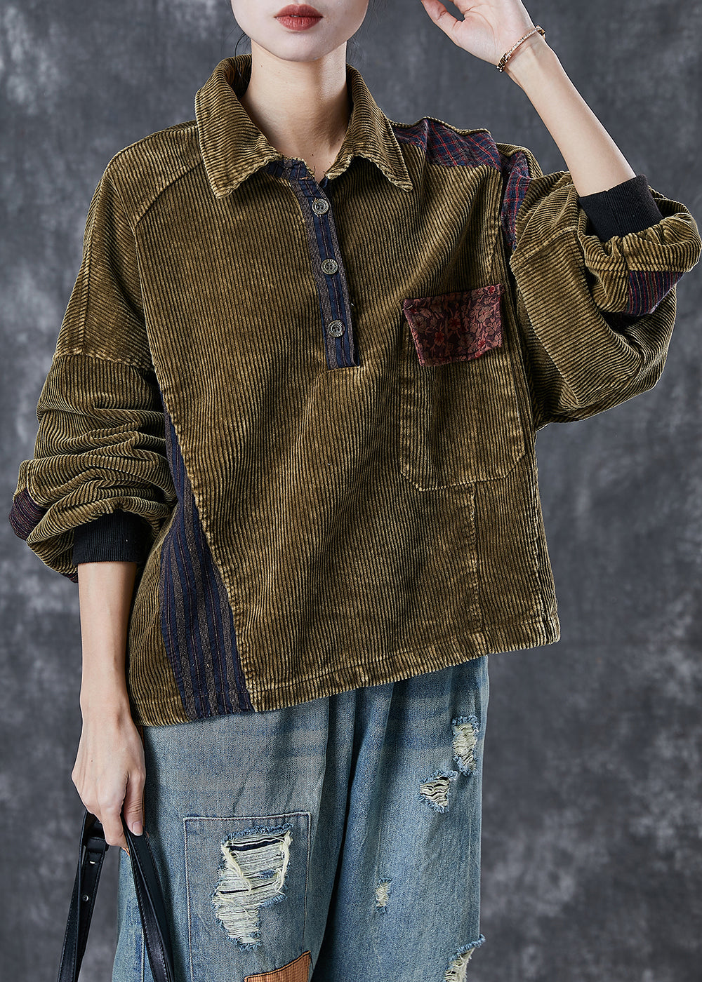 Green Oversized Patchwork Corduroy Sweatshirts Top Spring