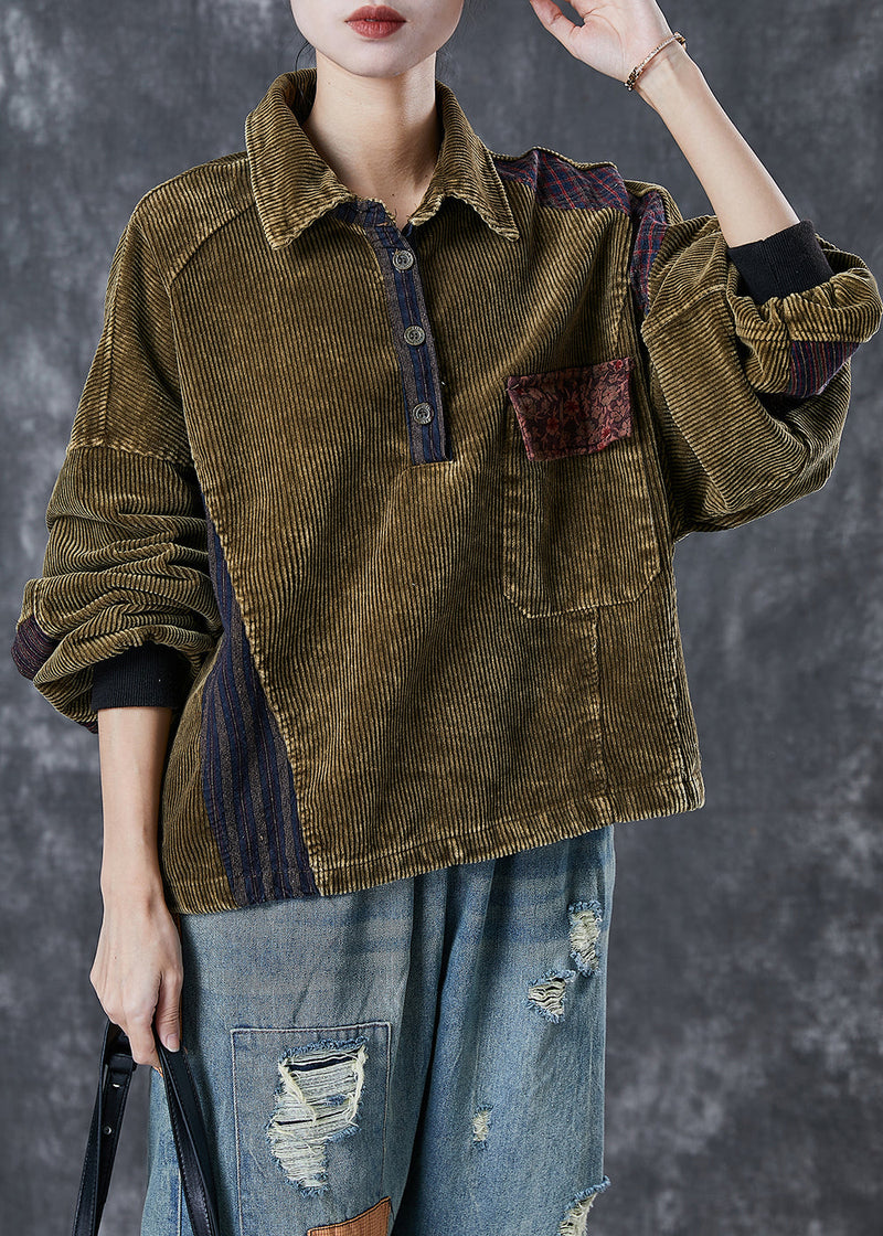 Green Oversized Patchwork Corduroy Sweatshirts Top Spring