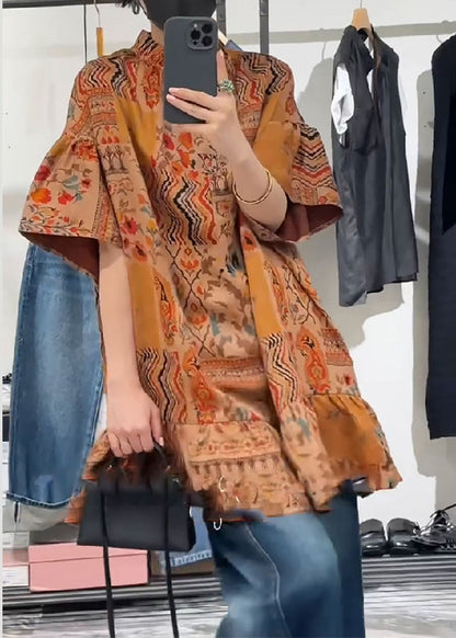 Orange Stand Collar Print Patchwork Silk Shirts Summer