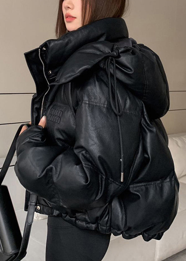 Mulberry Hooded Drawstring Faux Leather Duck Down Jackets Winter