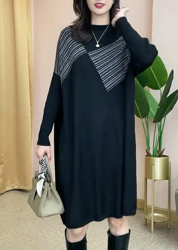 Black O-neck Striped Patchwork Thick Knit Mid Dress Long Sleeve