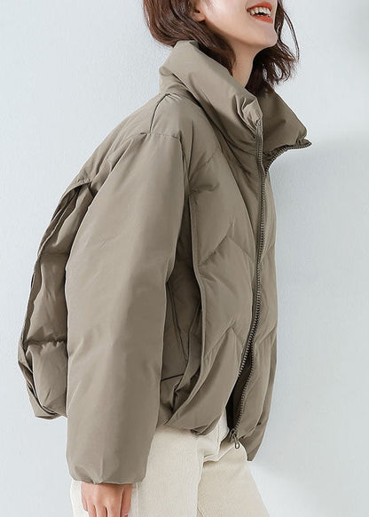 Khaki Cotton Blend Puffer Jacket Stand Collar Zip Up Drawstring Long Sleeve