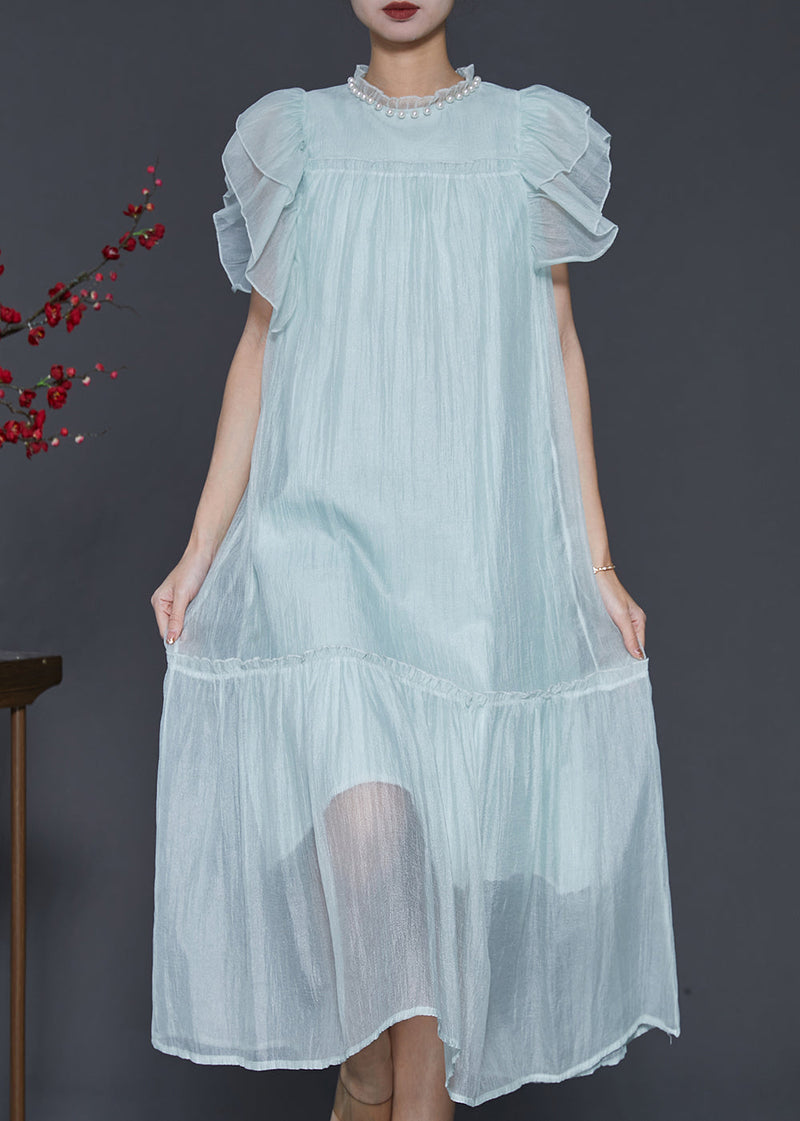 Sky Blue Ruffled Silk Maxi Dresses Summer