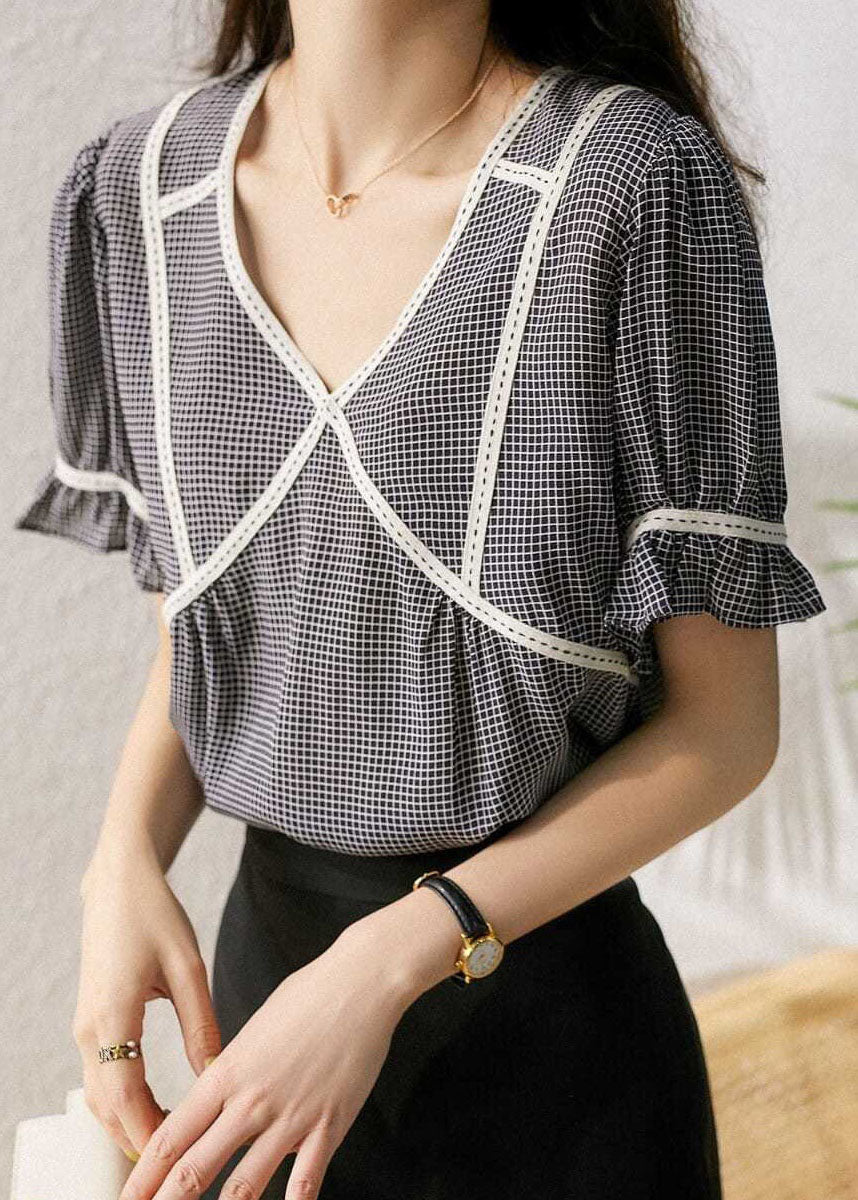 Small Plaid Ruffled Patchwork Silk Tops Summer