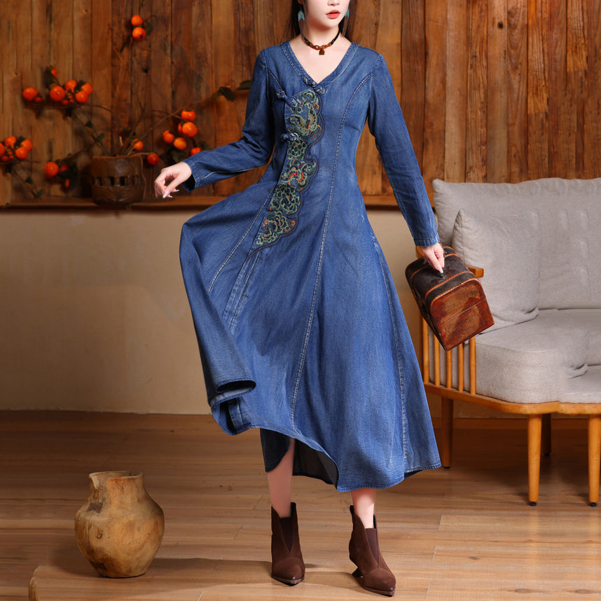 Navy V Neck Embroidered Button Long Denim Dresses Long Sleeve