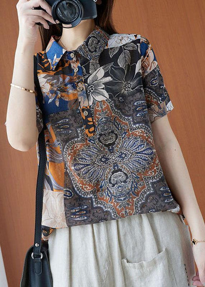 Print Peter Pan Collar Button Cotton Linen Top Summer