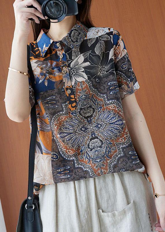 Print Peter Pan Collar Button Cotton Linen Top Summer