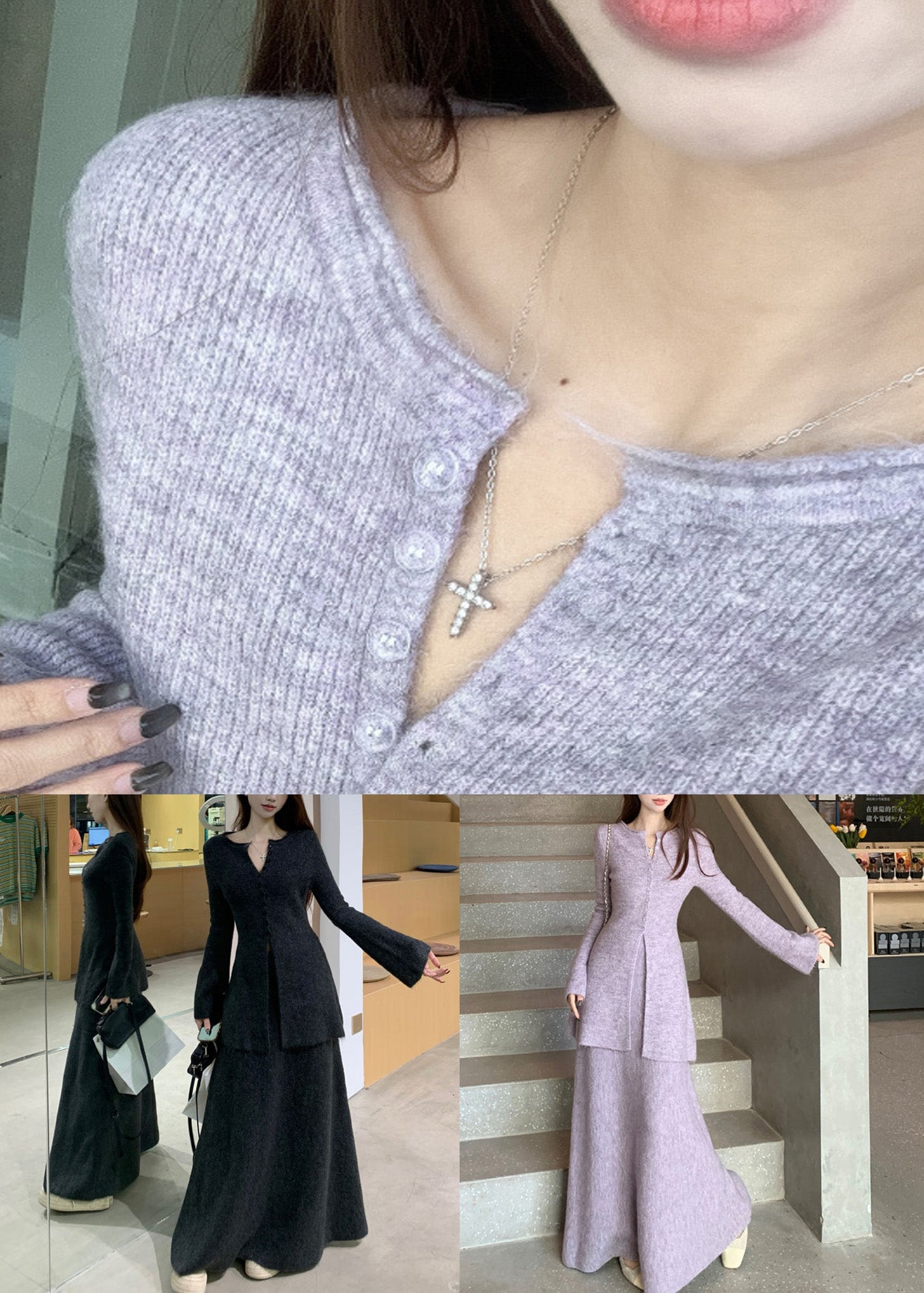 Dark Gray Front Open Sweaters and Skirts Knit Two Pieces Set O Neck Winter