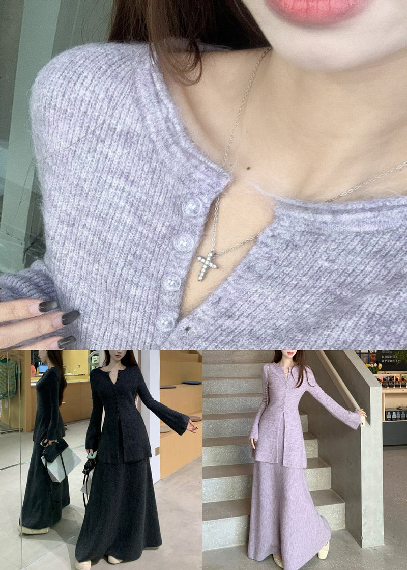 Dark Gray Front Open Sweaters and Skirts Knit Two Pieces Set O Neck Winter