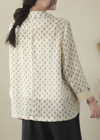 Beige Peter Pan Collar Print Ramie Coats Long Sleeve
