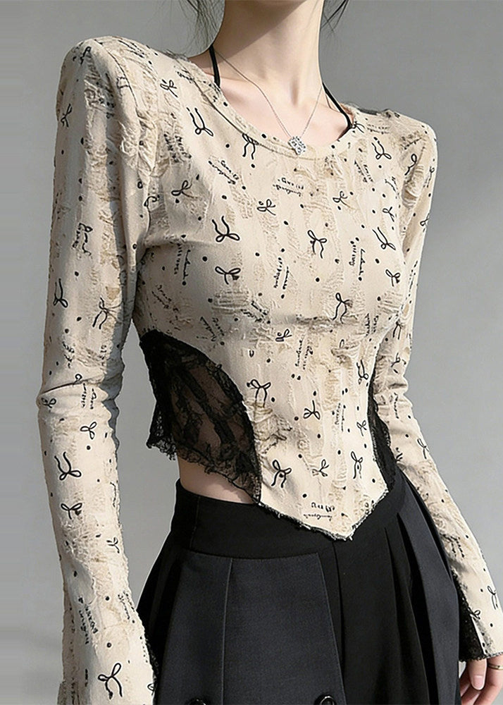 Beige Print Lace Patchwork Cotton Blouses Flare Sleeve